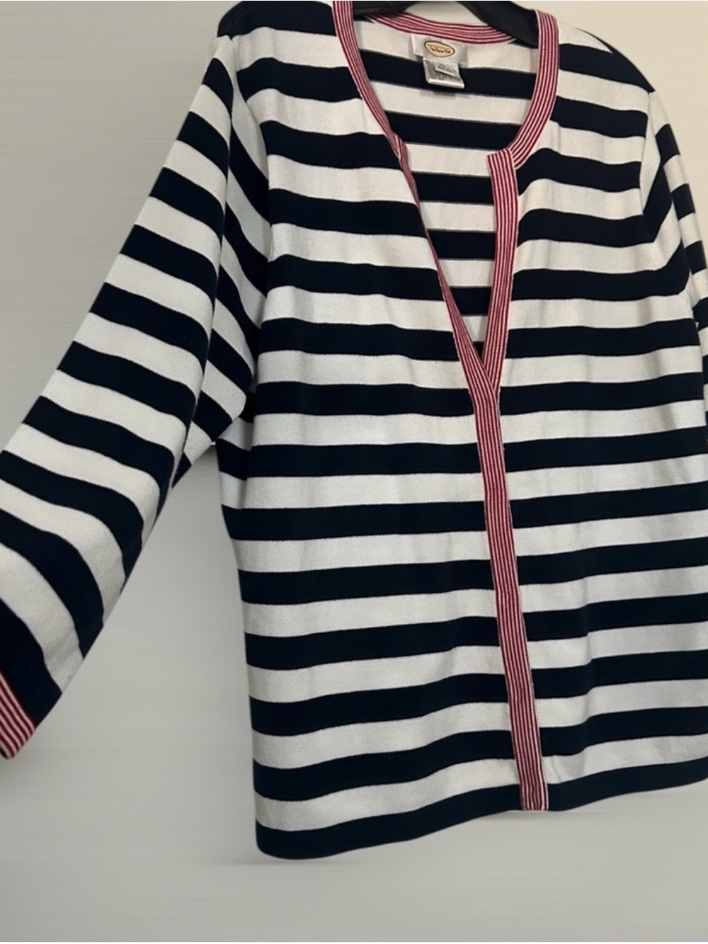 Talbots Navy and White Striped Cardigan with Red Trim